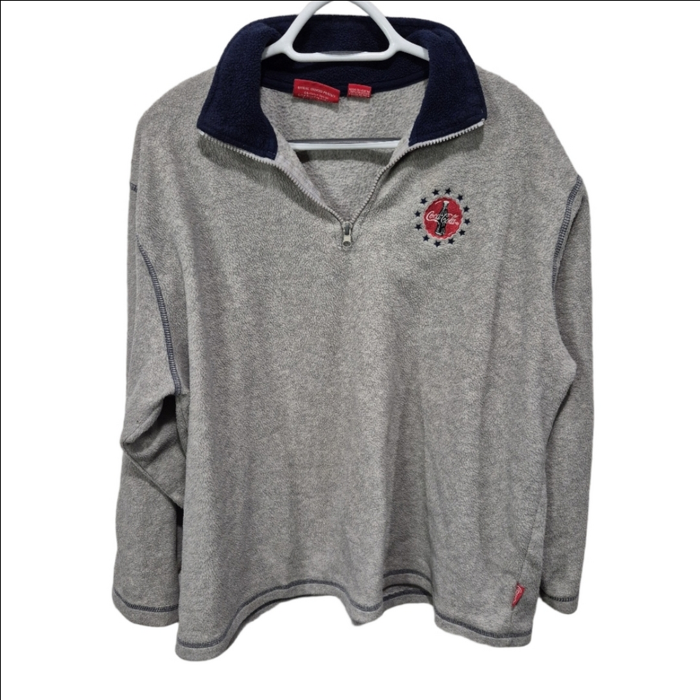 Coca Cola Vintage Gray Fleece 1/4 Zip-Up Sweater with Navy Collar